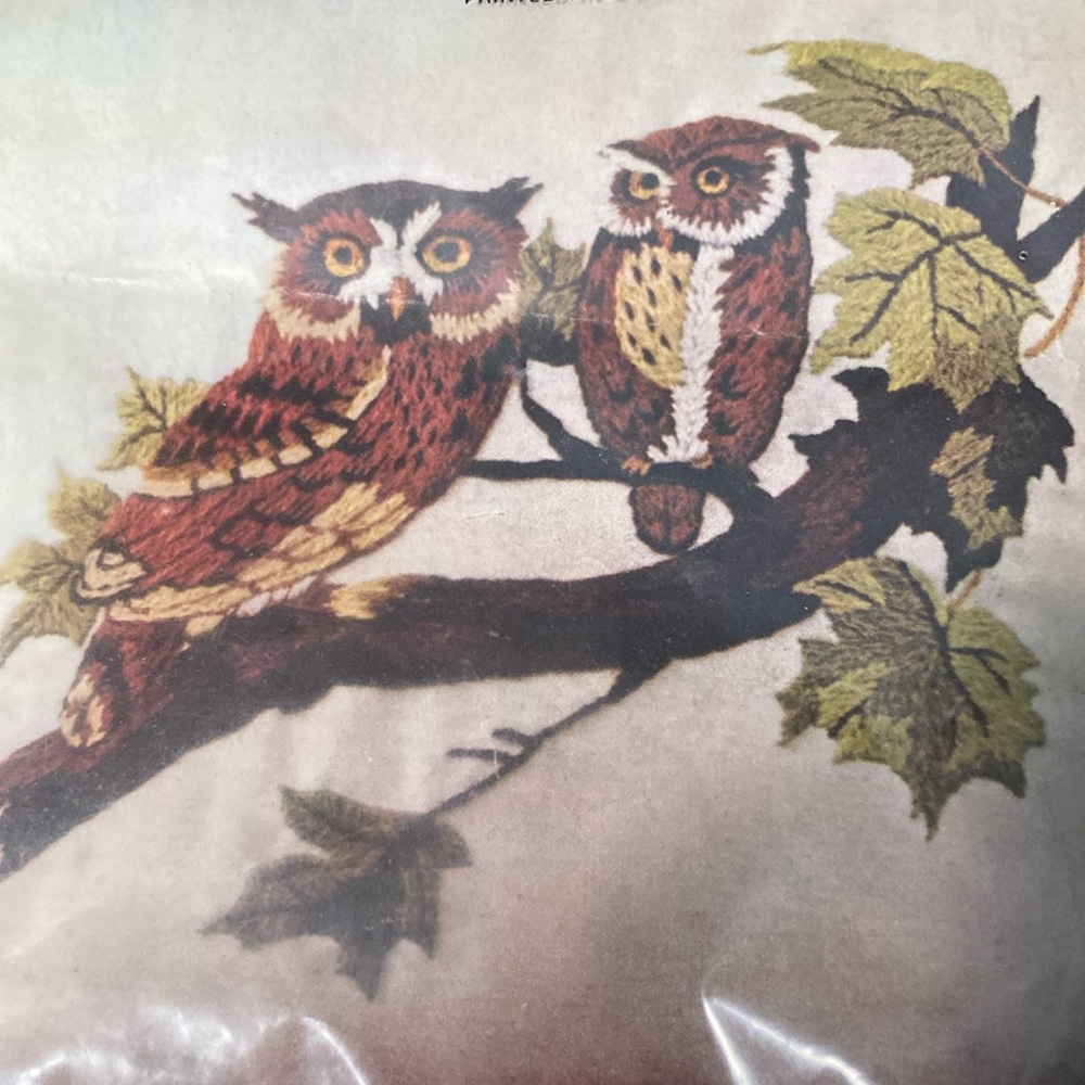 Vintage crewel embroidery owls pillow kit. Started but complete. G2